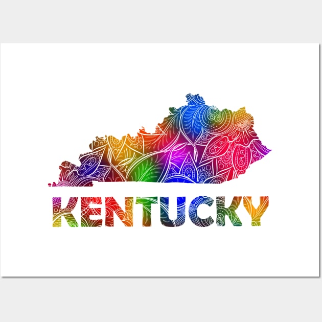 Colorful mandala art map of Kentucky with text in multicolor pattern Wall Art by Happy Citizen